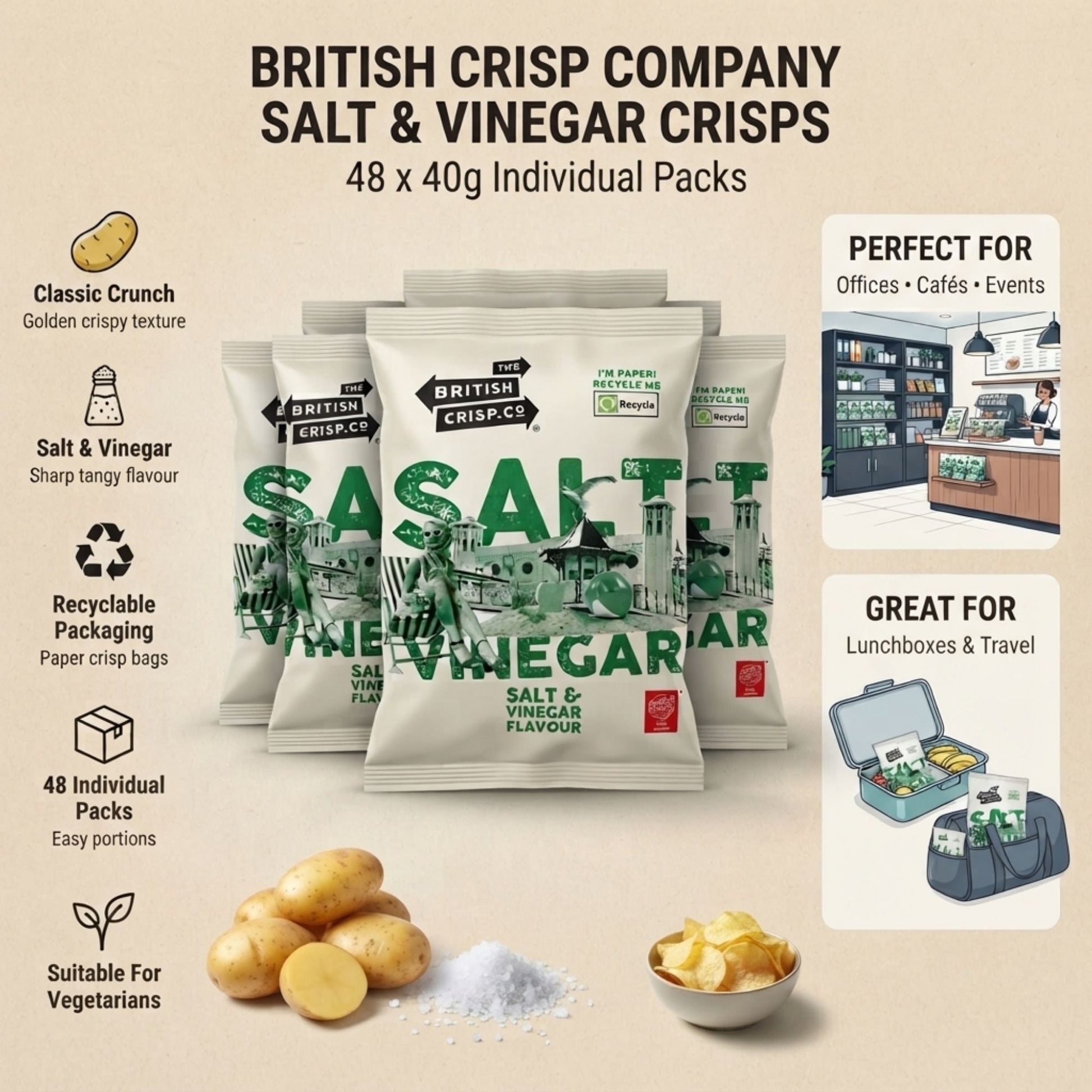 Salt and vinegar crisps in recyclable paper bags