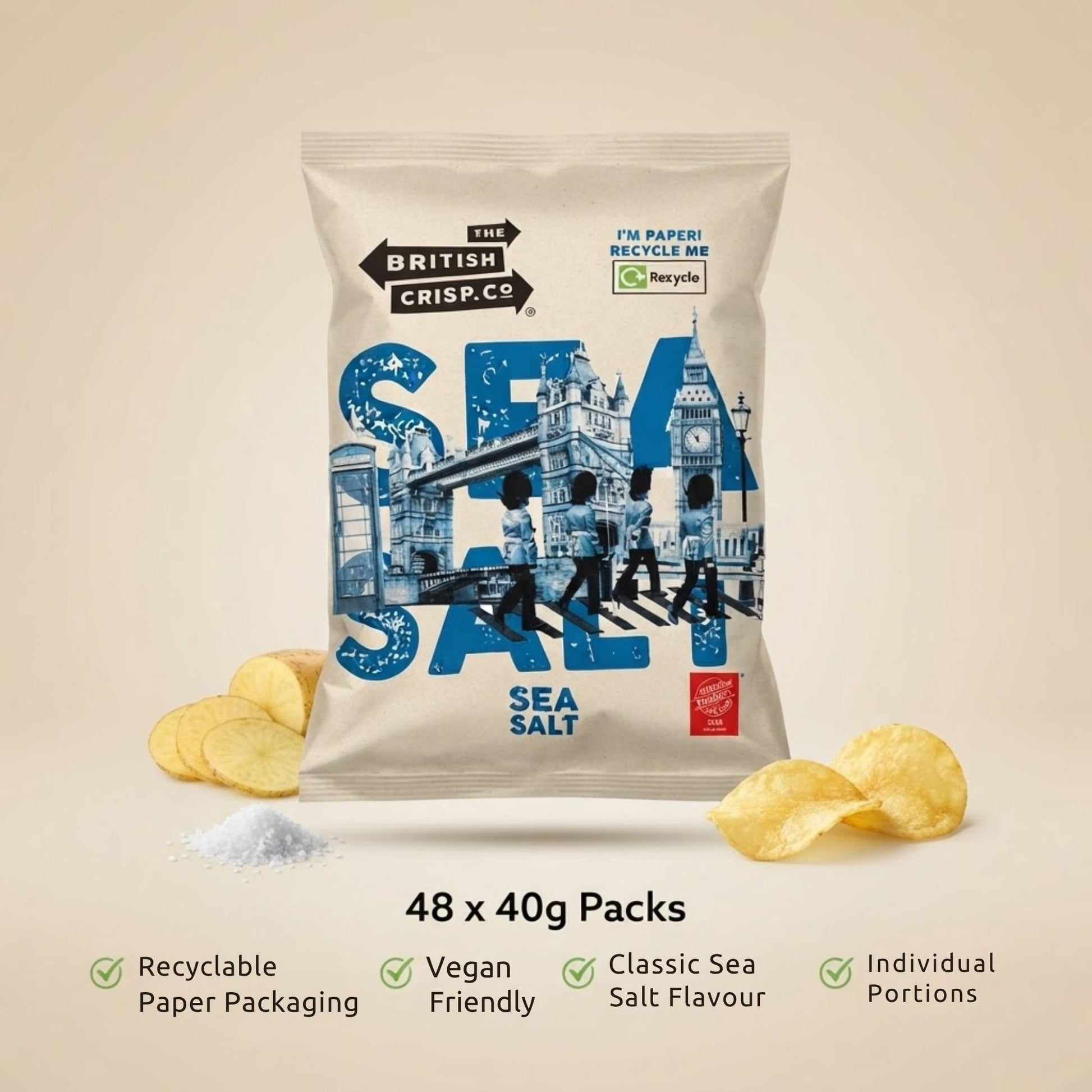 Sea salt potato crisps in recyclable paper bags