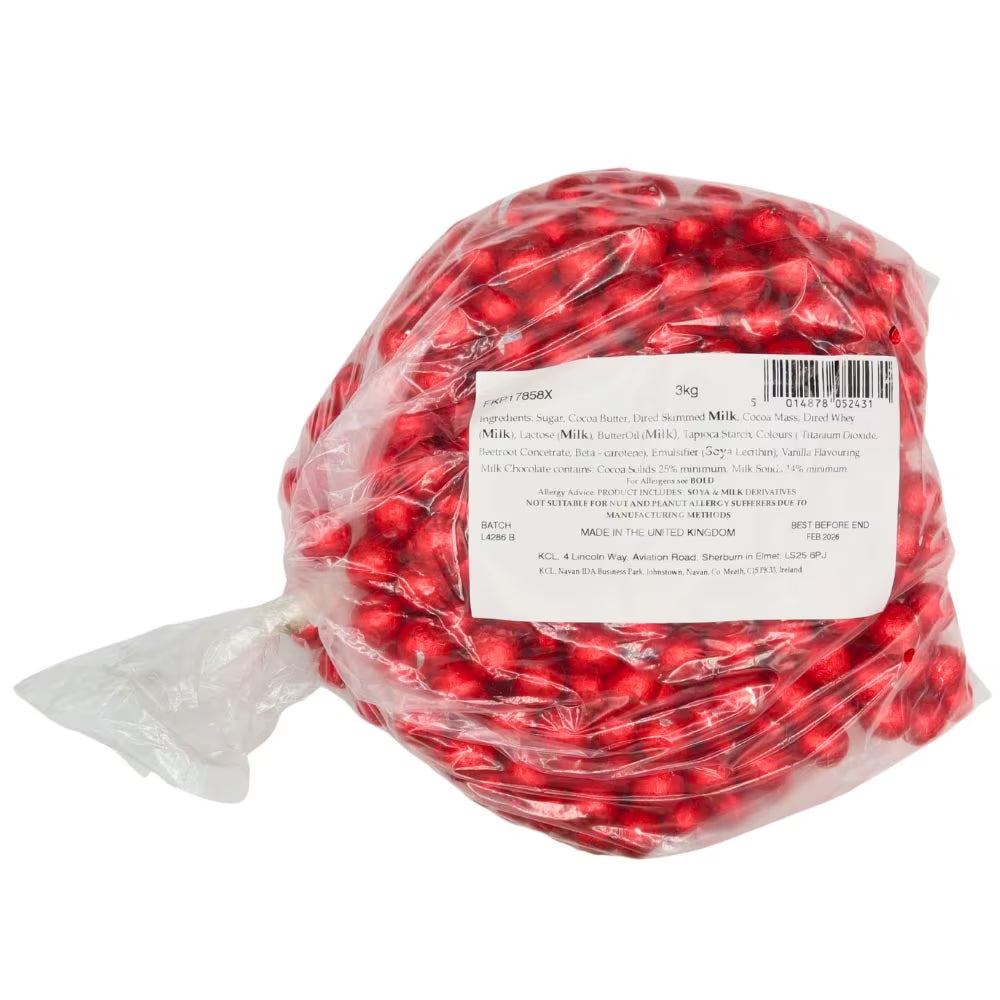 Solid milk chocolate balls wrapped in royal red foil