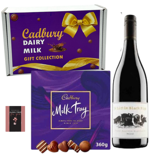 Red wine gift hamper with Cadbury Milk Tray chocolates