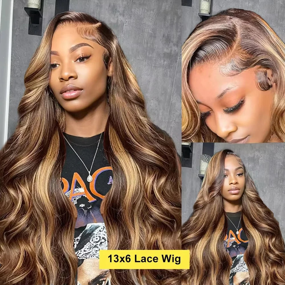 13x6 lace frontal body wave wig P4/27 highlight 180 density human hair