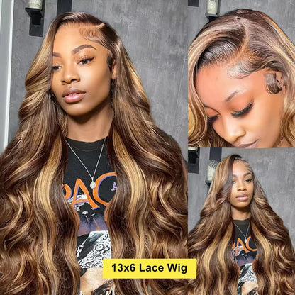 13x6 lace frontal body wave wig P4/27 highlight 180 density human hair