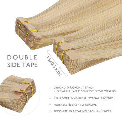 Remy human hair tape extensions in light blonde highlighted colour