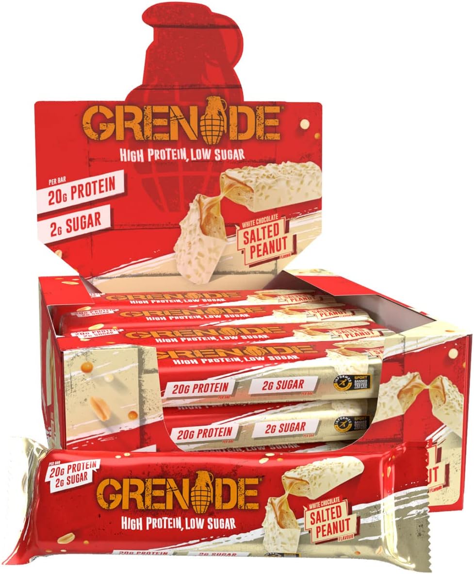 Pack of 12 Grenade White Chocolate Salted Peanut Protein Bars stacked together, ready for on-the-go snacks.