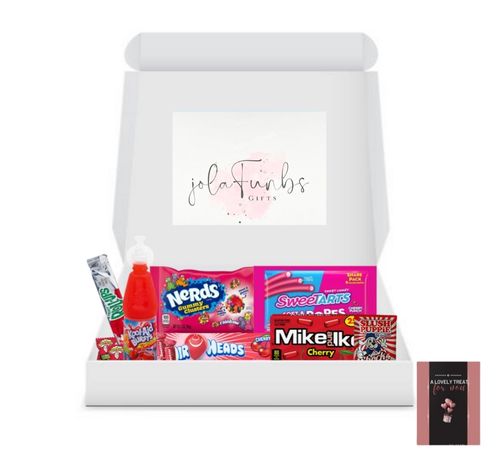 Retro sweets gift box filled with exotic red-themed treats – a fun and nostalgic candy gift