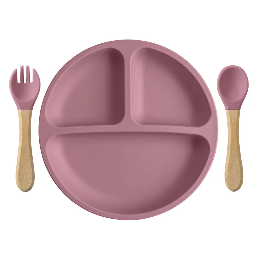 Silicone dinner plate with toddler training utensils