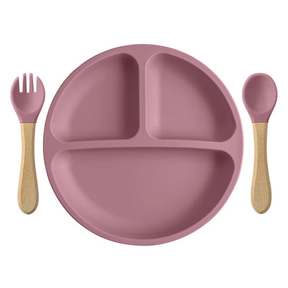 Silicone dinner plate with toddler training utensils