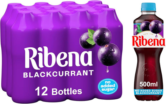 Ribena Blackcurrant Juice Drink 500ml bottle, made with real British blackcurrants