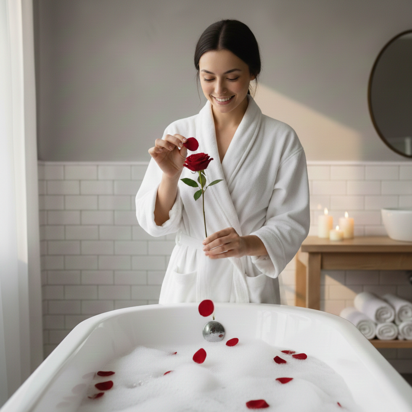 Rose shaped soap petals dissolving in warm bath water