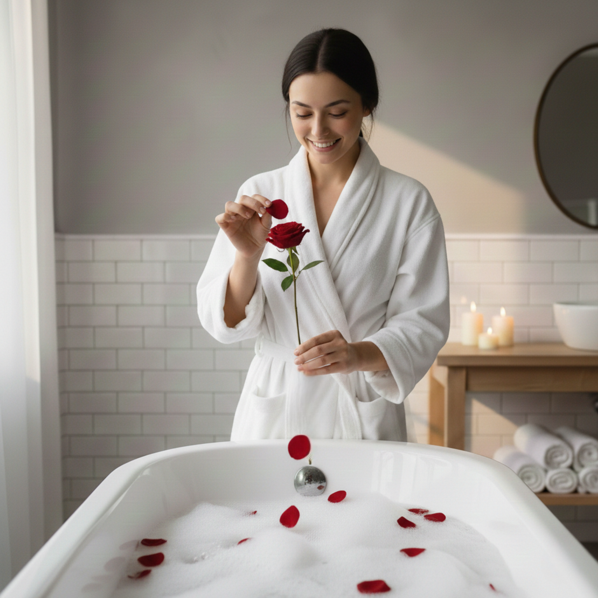Rose shaped soap petals dissolving in warm bath water