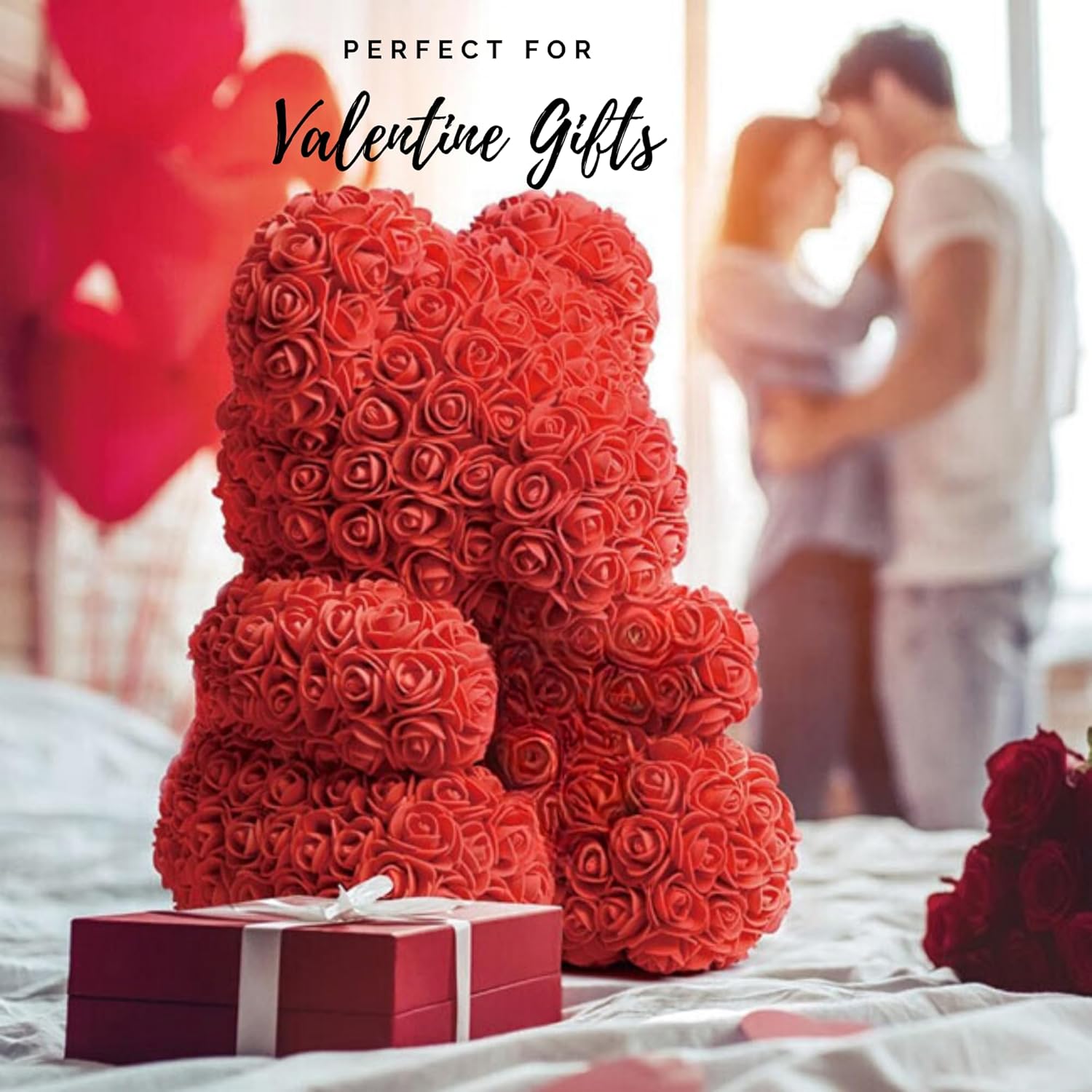 Romantic gift box with rose teddy bear and bow tie