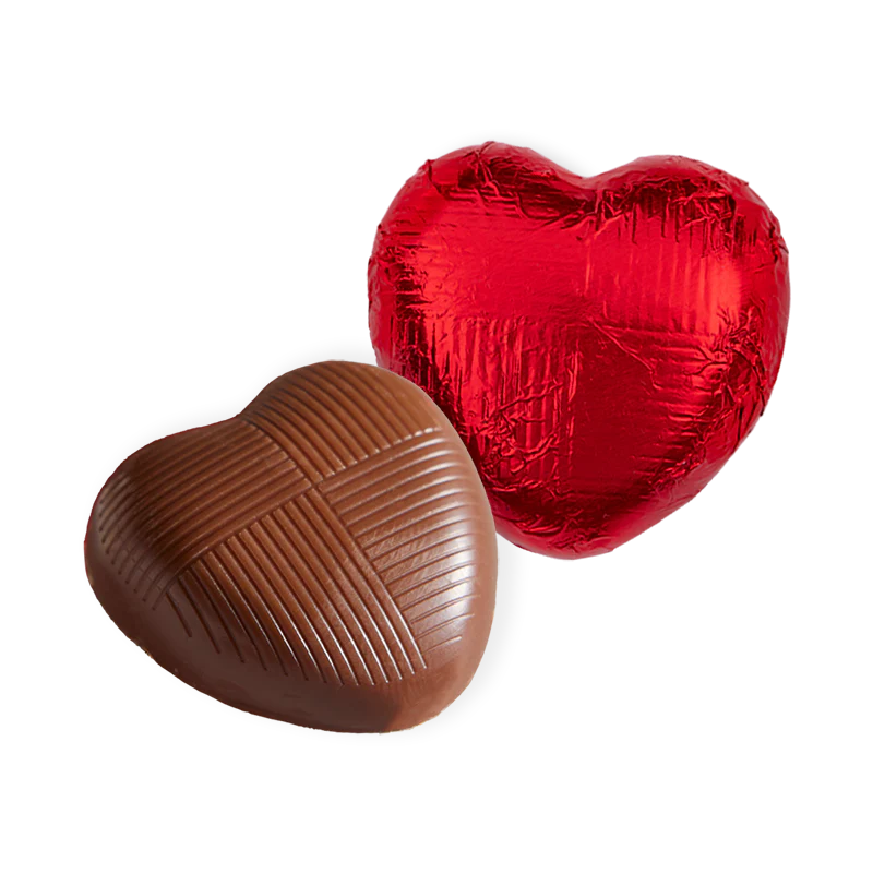 Silky smooth milk chocolate hearts individually wrapped in red foil
