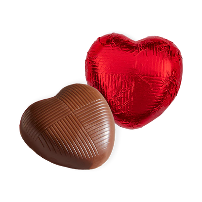 Silky smooth milk chocolate hearts individually wrapped in red foil