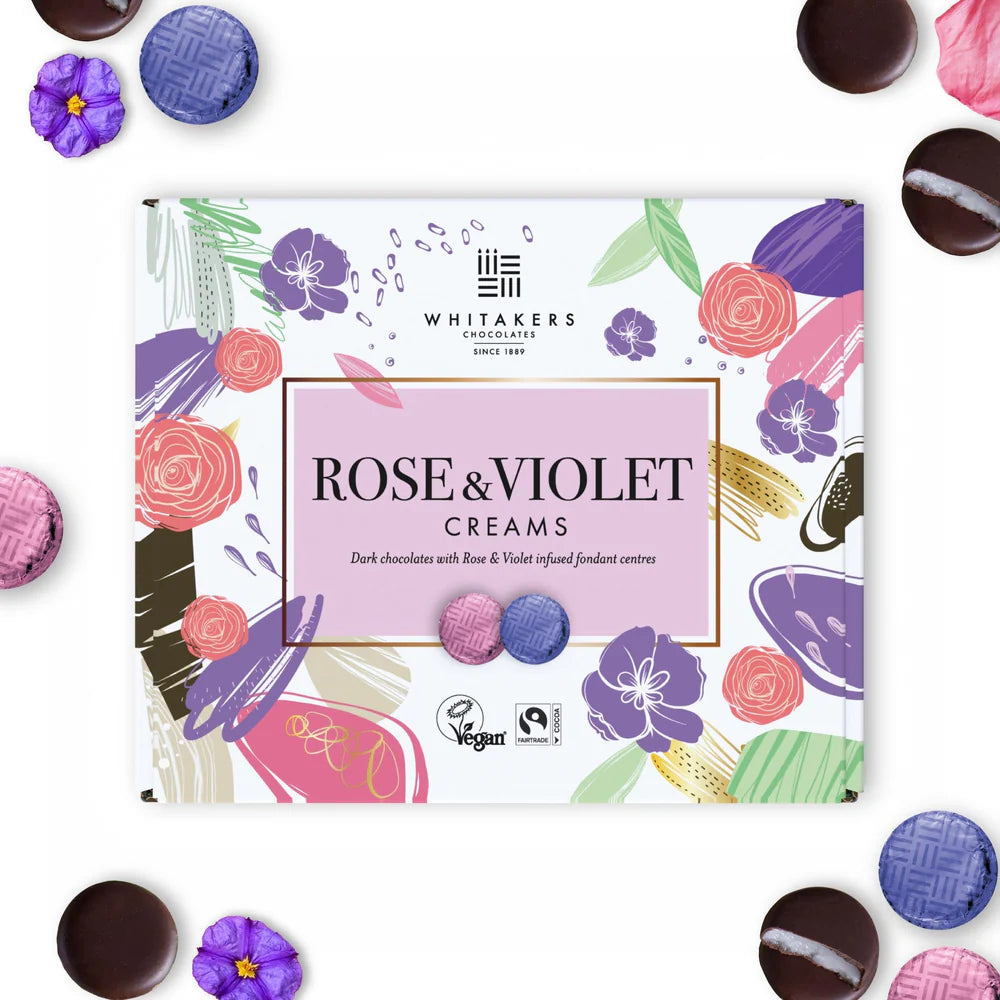 Floral-infused rose and violet fondant in premium dark chocolate