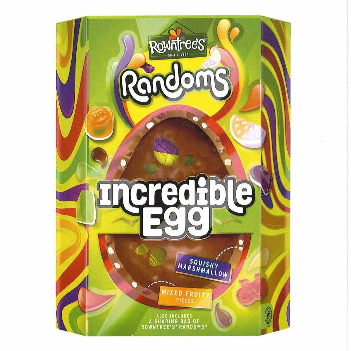 Thick milk chocolate shell with marshmallow and fruit jelly pieces