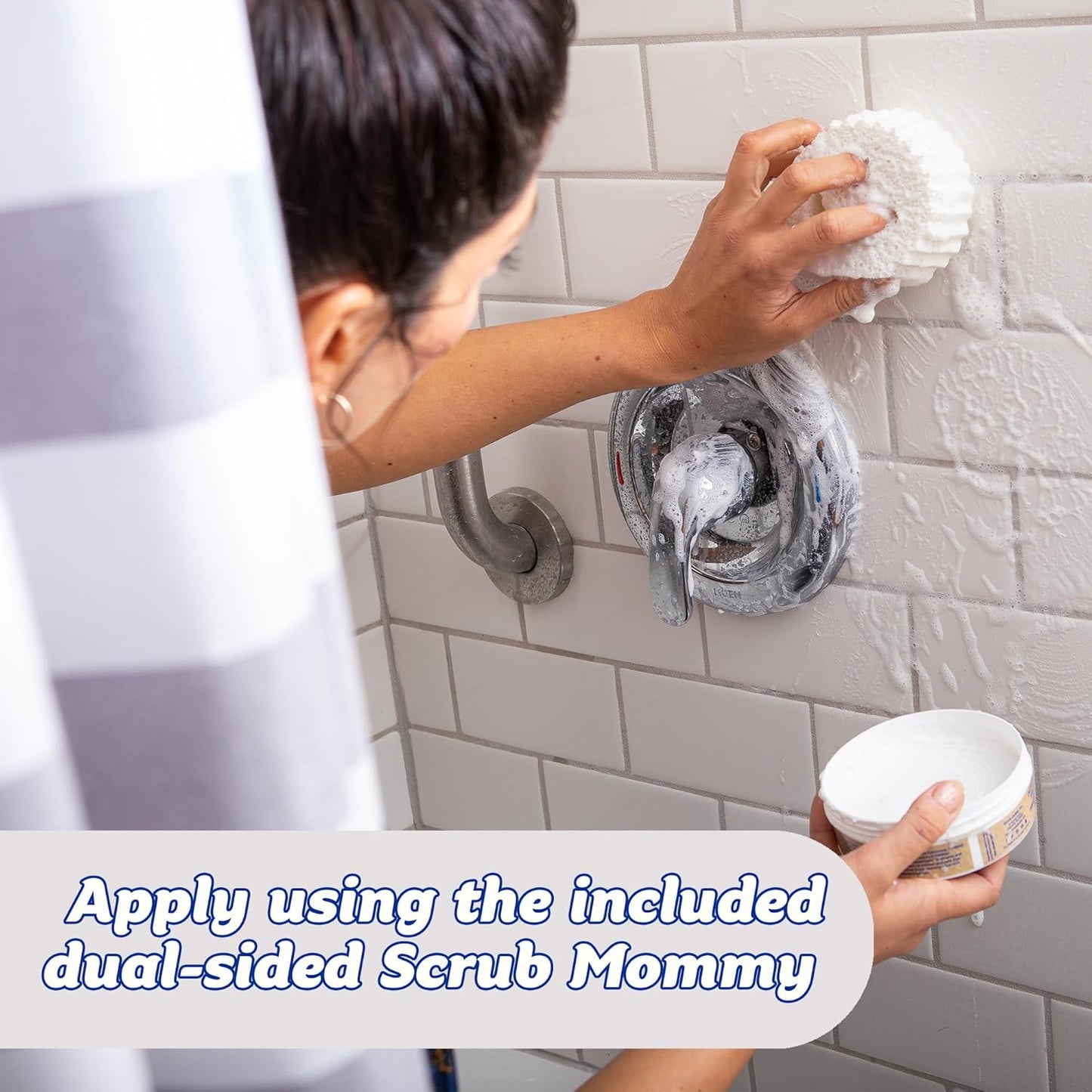 Heavy duty Scrub Daddy cleaner in bathroom – cleaning bath, shower, and sink with ease