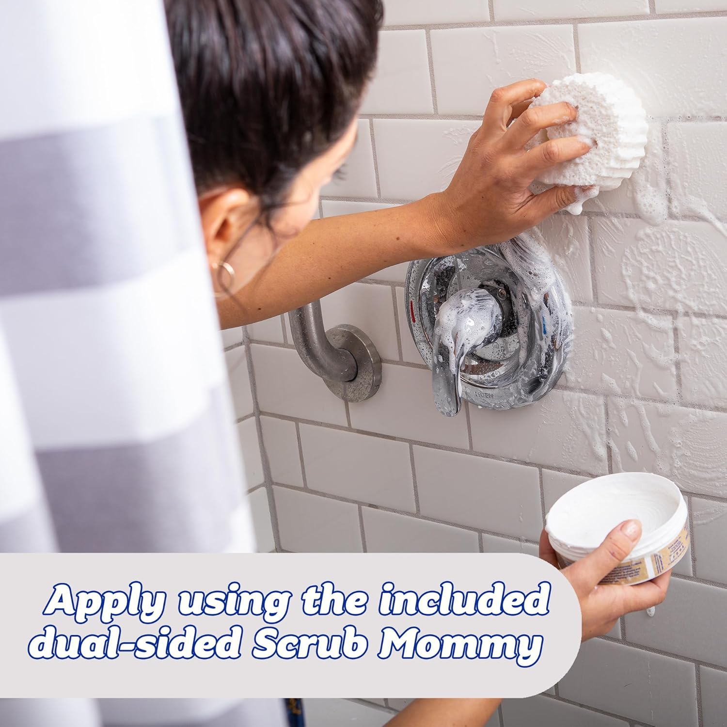 Heavy duty Scrub Daddy cleaner in bathroom – cleaning bath, shower, and sink with ease