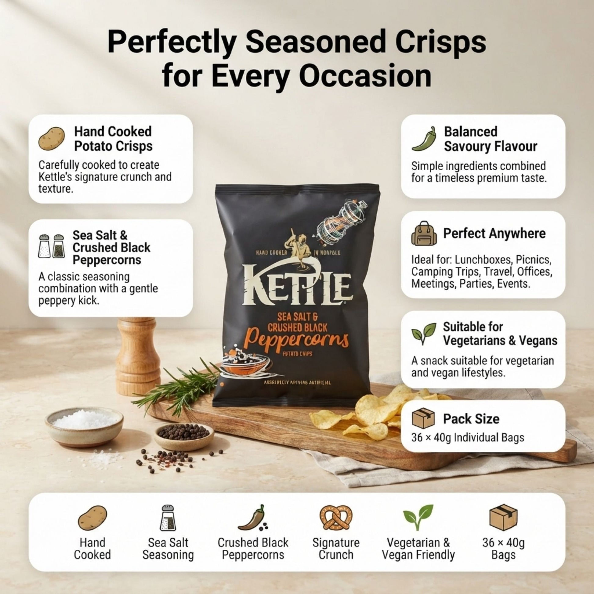 Hand cooked crisps with sea salt and pepper seasoning