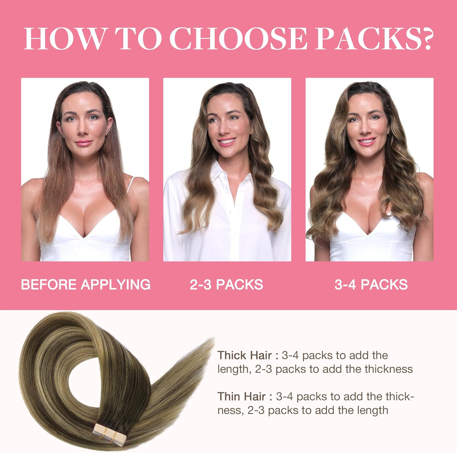 Real hair tape extensions with seamless chocolate to blonde blend