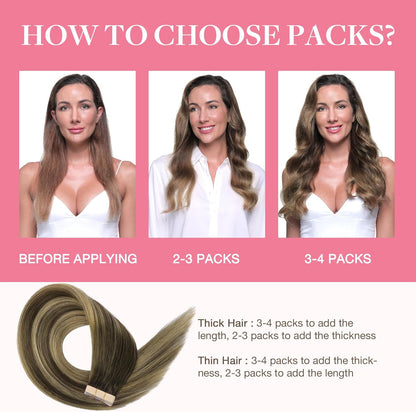 Real hair tape extensions with seamless chocolate to blonde blend