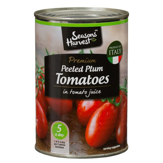 Seasons Harvest Premium Peeled Plum Tomatoes 400g – juicy tomatoes in tomato juice