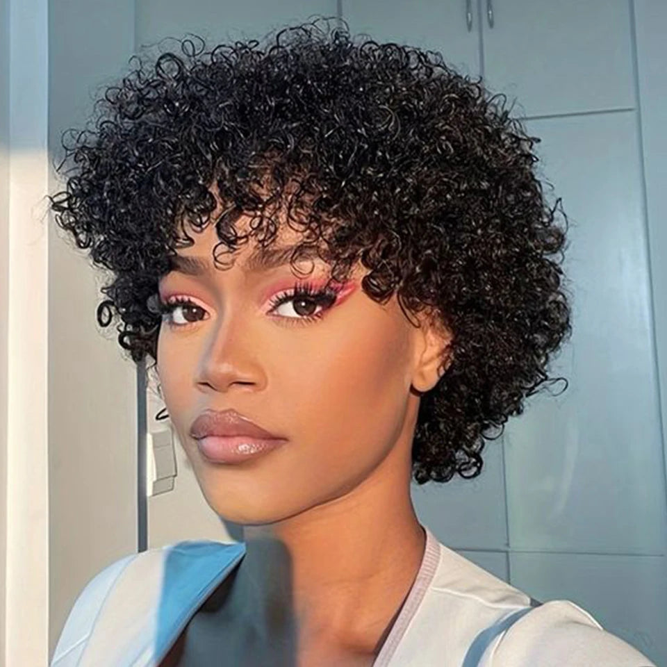 Natural brown bob wig with soft curly texture and bangs
