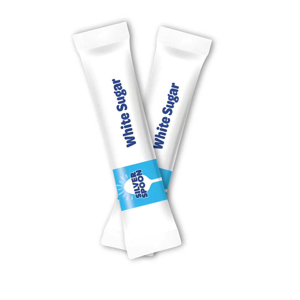 Individually wrapped white sugar sticks for tea and coffee