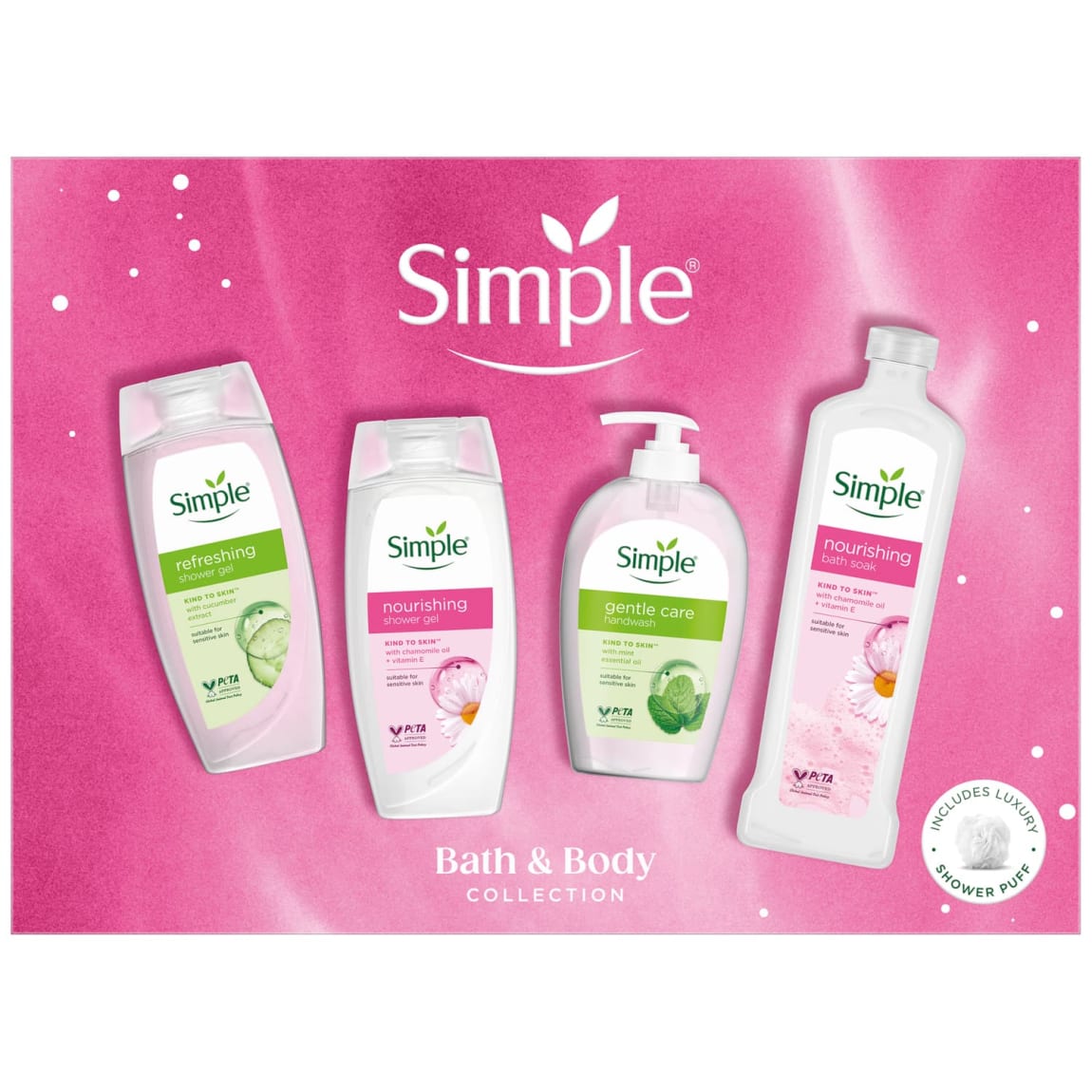 Simple 4-piece bath and body gift set with shower gels, hand wash, and bath soak