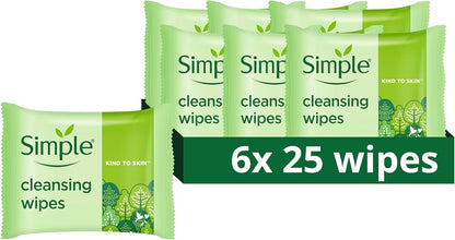 Simple Biodegradable Cleansing Wipes 6 Packs of 25 for Sensitive Skin