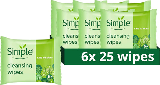 Simple Biodegradable Cleansing Wipes 6 Packs of 25 for Sensitive Skin