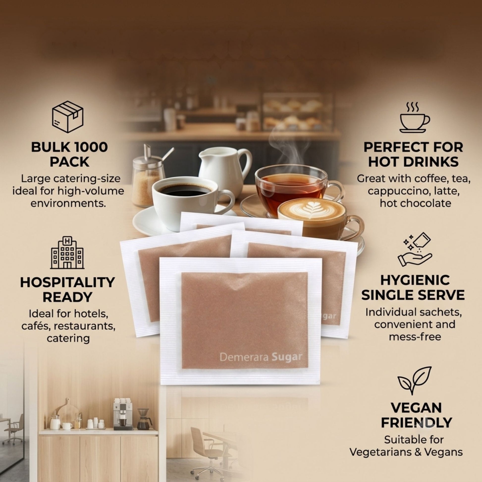 Single serve Demerara sugar portions for hot drinks