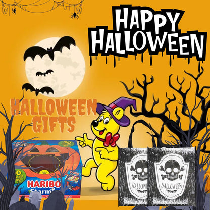 2 Skull-shaped Trick or Treat tote bags included in Halloween Party Sweets Gift Box