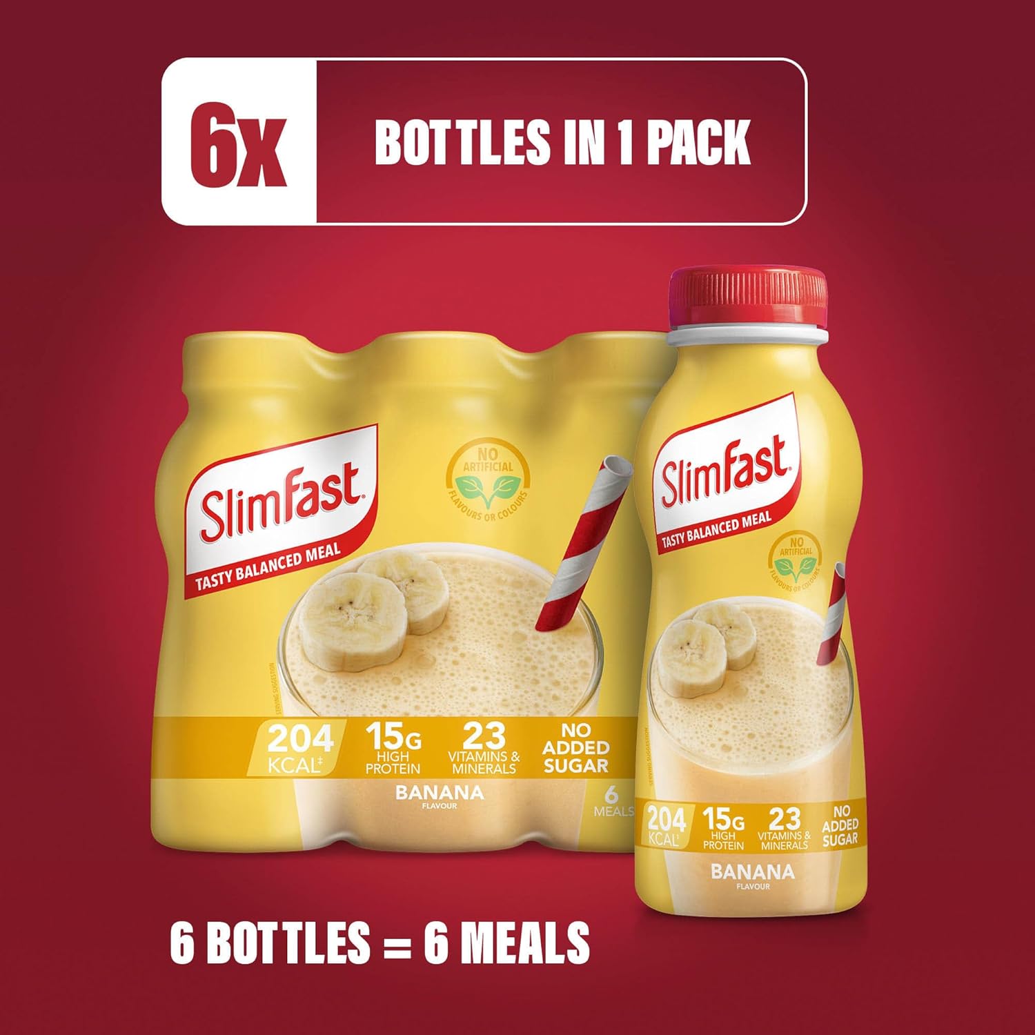 SlimFast Ready-to-Drink Banana Shake, 6 x 325ml, no sugar added