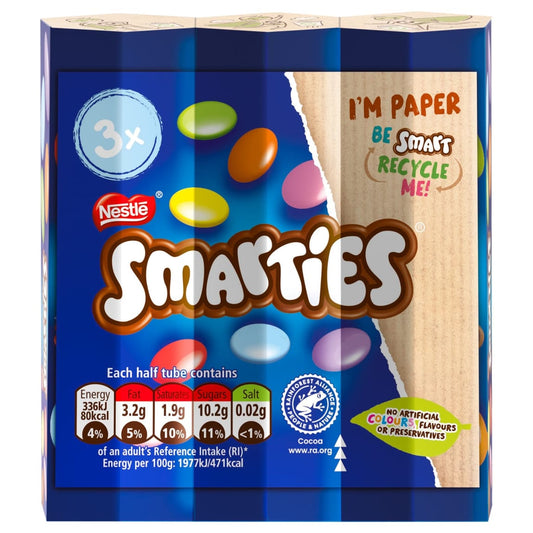 Multipack of three Smarties tubes 102g for sharing and snacking