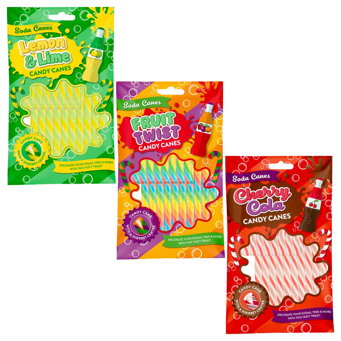 Fizzy soda flavour candy canes in Lemon & Lime, Fruit Twist, and Cherry Cola