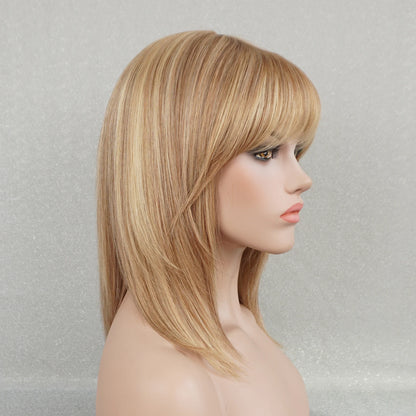 Customisable medium blonde wig with soft wispy bangs