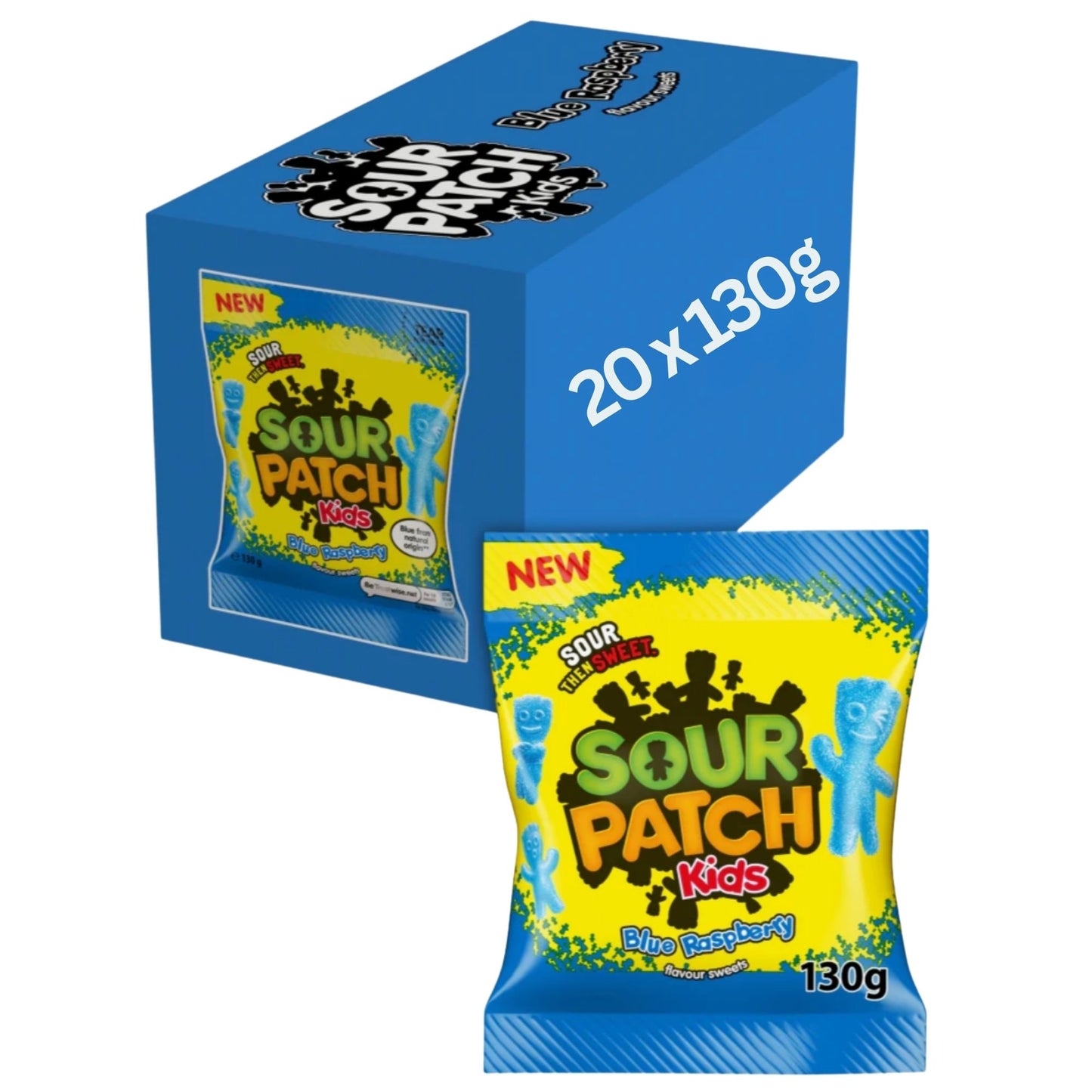 Soft and chewy blue raspberry candy coated in sour sugar