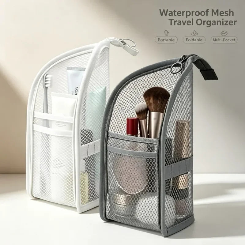 Standing mesh travel toiletry bag and bathroom organiser