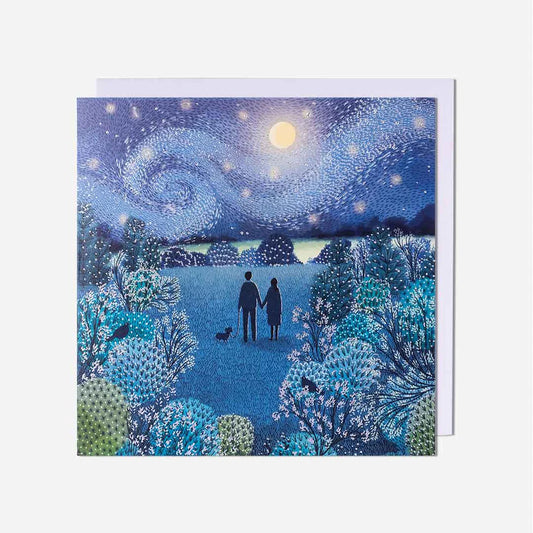 Trendy Starry Night Couple With Dog Blank Card perfect for greeting cards near me and birthday card greeting cards