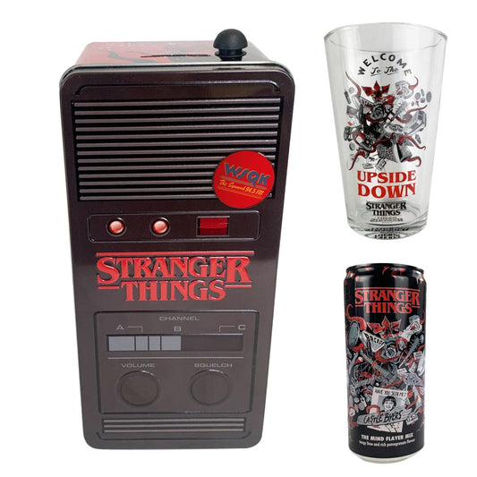 Stranger Things Walkie Talkie Gift Tin with glass and drink