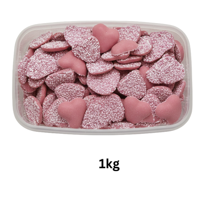 Crunchy coated heart-shaped strawberry sweets