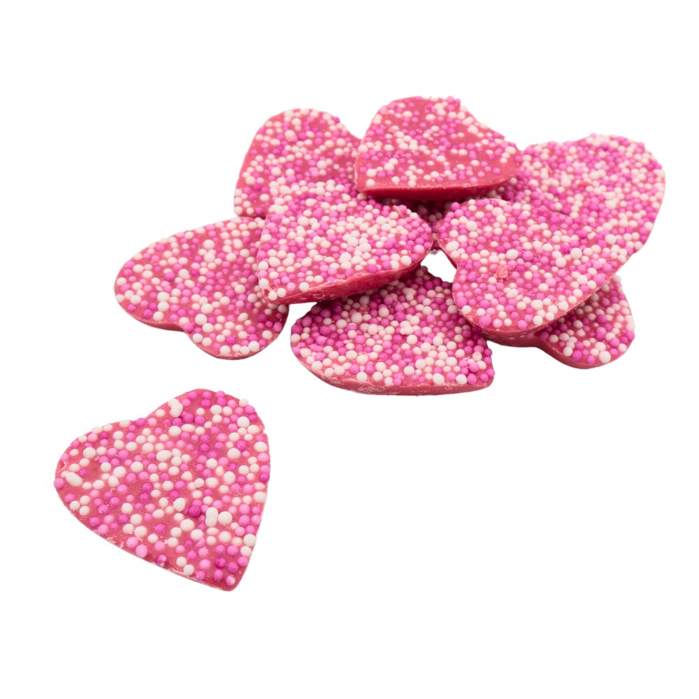 Strawberry candy hearts with pink hundreds and thousands