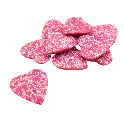 Strawberry candy hearts with pink hundreds and thousands