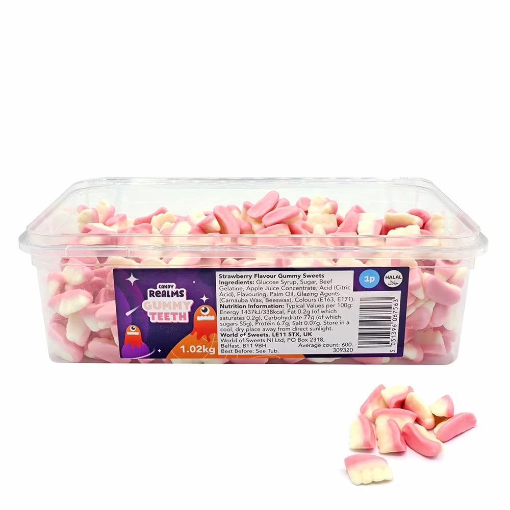 Strawberry-flavoured gummy teeth approx. 600 pieces tub