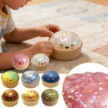 Dumpling bun fidget toy yellow green squeeze stretch TPR