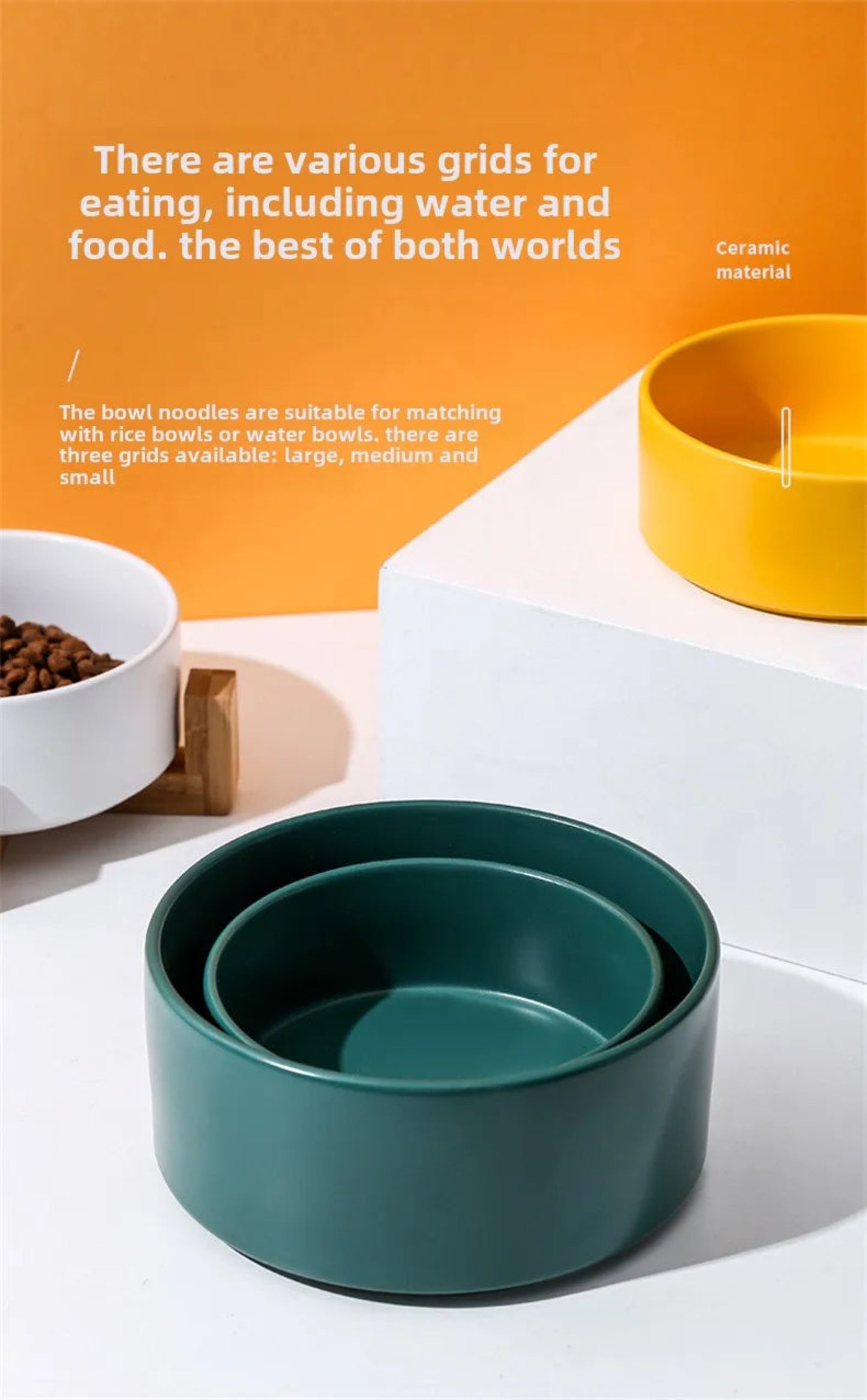 Ceramic pet bowl wood stand size comparison 11cm vs 13cm