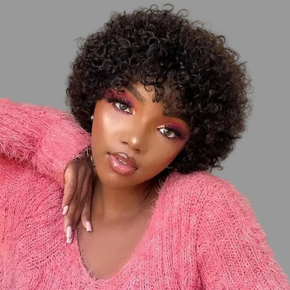 Dark brown curly wig with realistic finish and shine