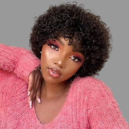 Dark brown curly wig with realistic finish and shine