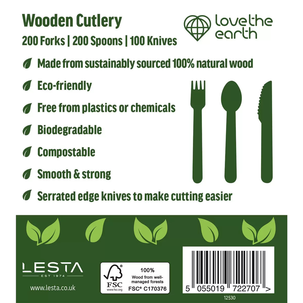 Biodegradable and compostable wooden forks, spoons, knives