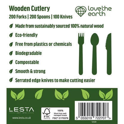 Biodegradable and compostable wooden forks, spoons, knives